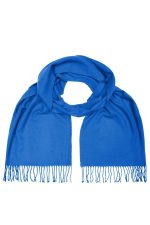 A bright blue scarf with fringe detailing, displayed flat and elegantly draped. It features a logo on one side.