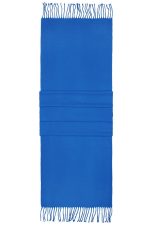 A blue elegant scarf with fringed edges and three textured folds at the centre. It features a logo on the fabric.