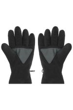 A pair of black Thinsulate™ fleece gloves with a textured grey palm patch and cinch straps at the wrists.