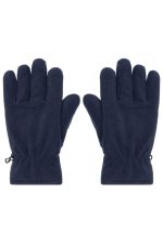 Navy Thinsulate™ fleece gloves with a snug fit and adjustable wrists. Features branding on the palm.