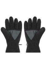A pair of black Thinsulate™ fleece gloves with a triangular grey patch on the palms and elastic cuffs.