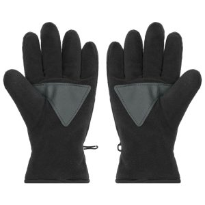 A pair of black Thinsulate™ fleece gloves with a triangular grey patch on the palms and elastic cuffs.
