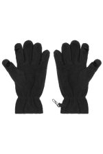 Black fleece gloves featuring touch-screen compatibility and elastic wrist for a secure fit. Includes branding.