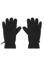 Black touch-screen fleece gloves with a fitted design and an adjustable feature at the wrist.