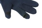 A pair of navy fleece gloves featuring touchscreen-compatible fingertips and a smooth texture.