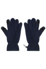 Touch-screen fleece gloves in navy blue with grip fingers and elastic cuffs. Features branding on the wrist area.
