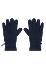 Navy blue touch-screen fleece gloves with a zip closure detail. The gloves feature a soft, warm texture.
