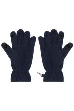 Navy fleece gloves featuring touch-screen compatibility and a secure wrist clip. The gloves have a smooth texture and five-finger design.