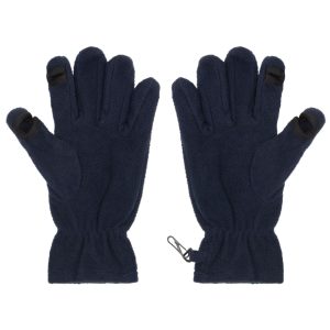 Navy fleece gloves featuring touch-screen compatibility and a secure wrist clip. The gloves have a smooth texture and five-finger design.