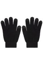 A pair of black knitted gloves with touch-screen fingertips and a logo on one side.
