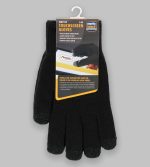 Black touch-screen knitted gloves displayed with packaging, featuring a logo and information about their functionality.
