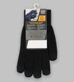 Black knitted gloves with touch-screen capability, featuring a product tag. The gloves are displayed flat against a grey background.
