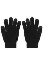 A pair of black knitted gloves with touch-screen compatible fingertips, featuring a plain design and a snug fit.