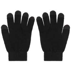 A pair of black knitted gloves with touch-screen compatible fingertips, featuring a plain design and a snug fit.