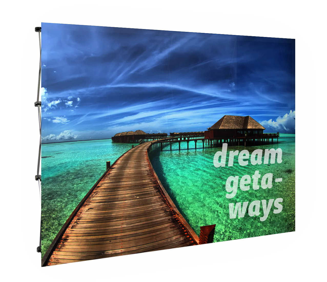 A promotional media wall replacement skin featuring a vibrant beach scene with a wooden pier and clear turquoise water. Media Wall Replacement Skin - Image 1