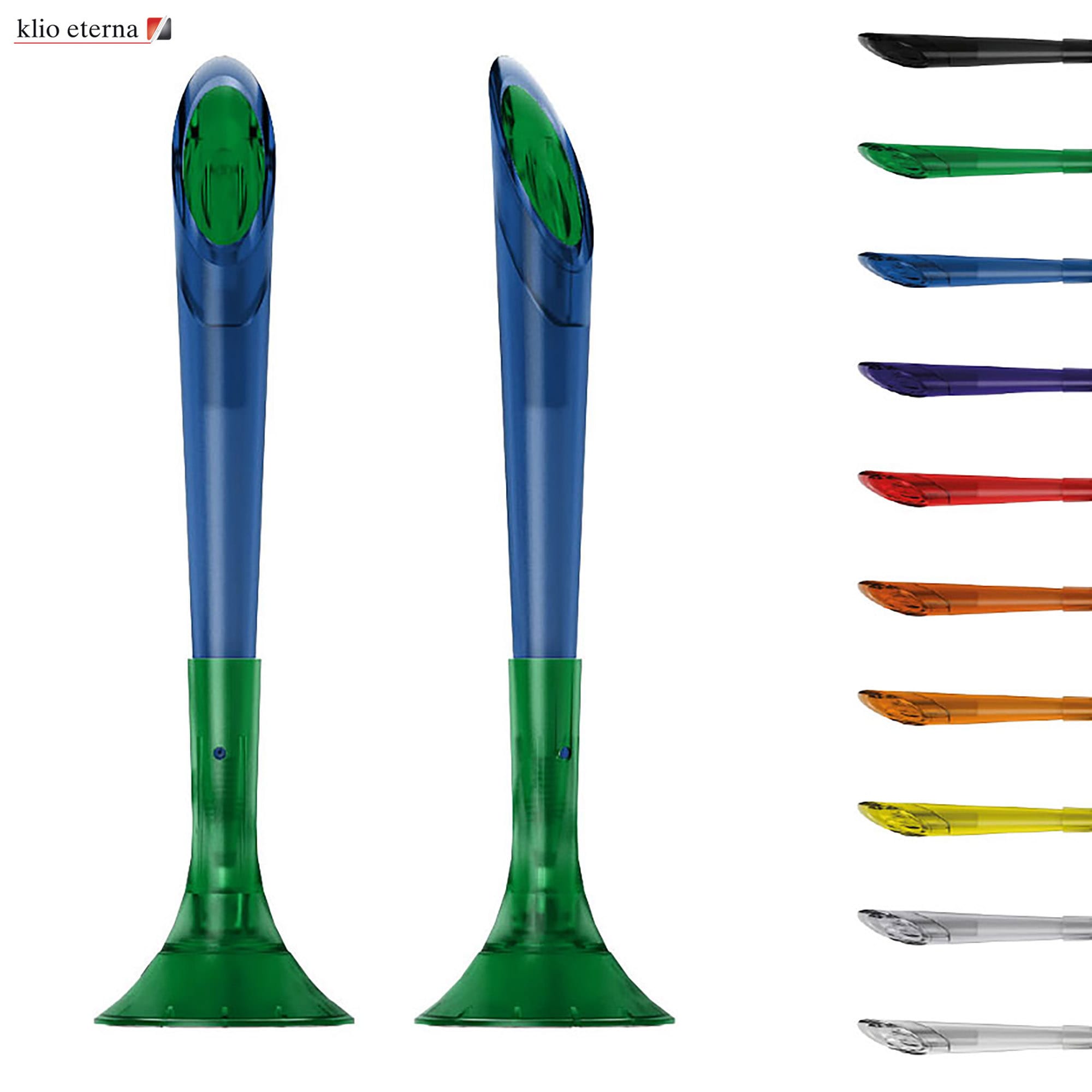 Two plastic pens in green and blue, with a sleek design, accompanied by various other colourful pen options. Memo Ice - Image 1