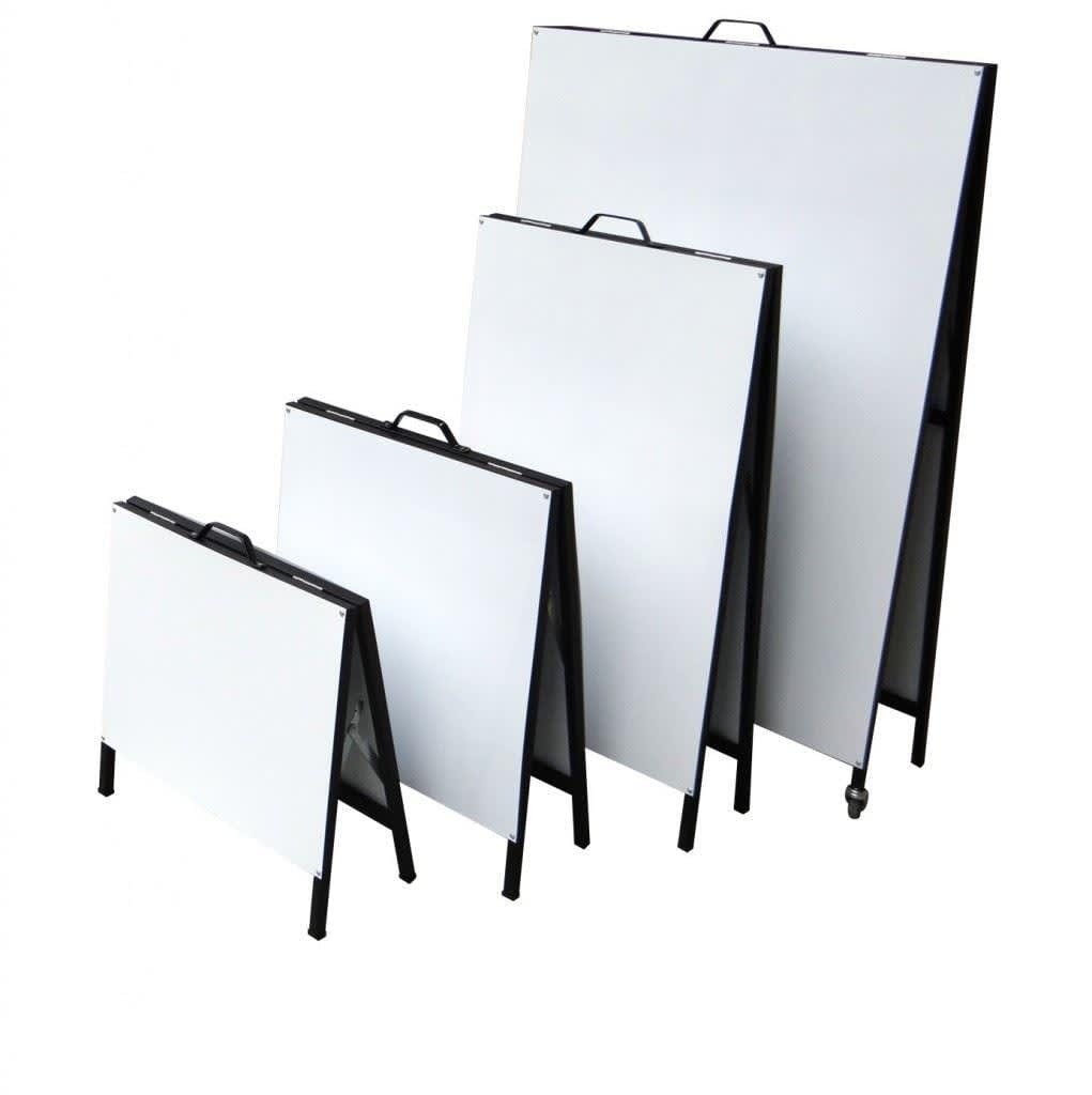 A set of four black metal A-frames in varying sizes, featuring white surfaces for displays or signage. Metal A-Frame / A Frame - Image 1