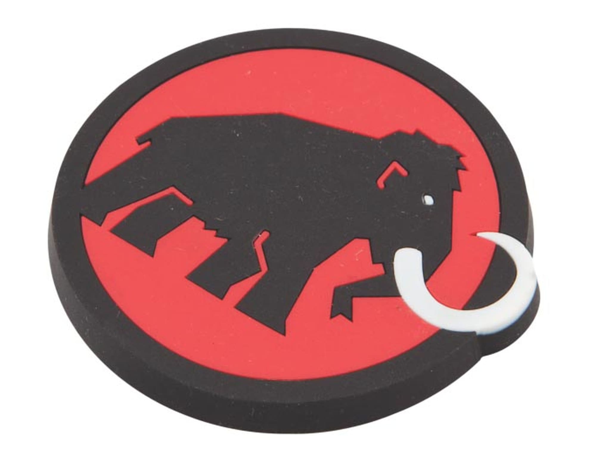 A round magnet featuring a black mammoth silhouette on a red background, with a white hook. Metropolis Magnet <51mm - Indent - Image 1