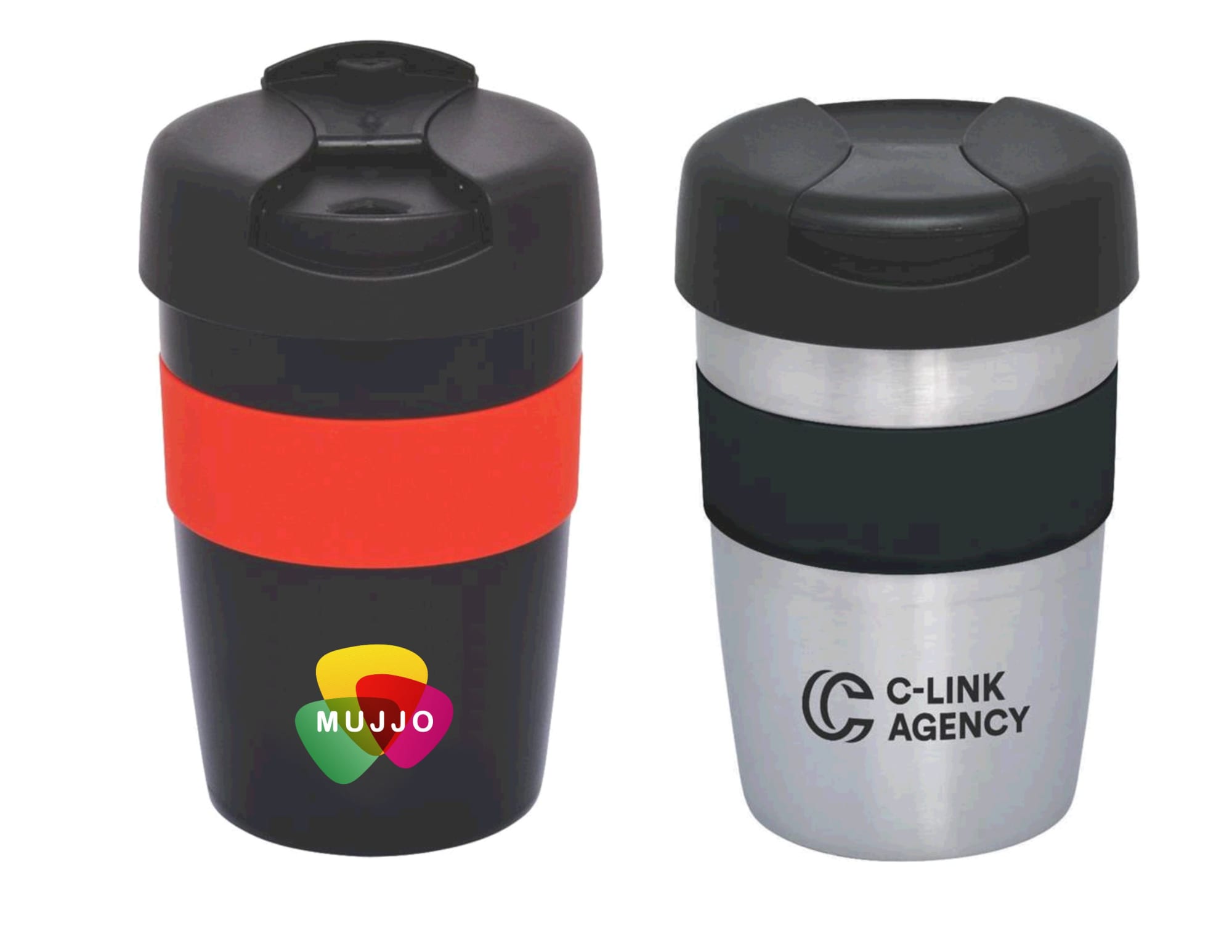 A travel mug set featuring a black and red mug and a silver mug with a black band, both with logos. Milan Double Wall Mug - Image 1