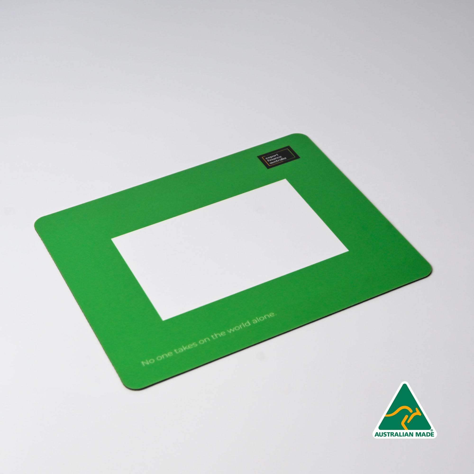 A green mouse mat featuring a central photo frame cut-out and a logo in one corner. Photo Frame Mouse Mat (230mm x 190mm) - Image 1