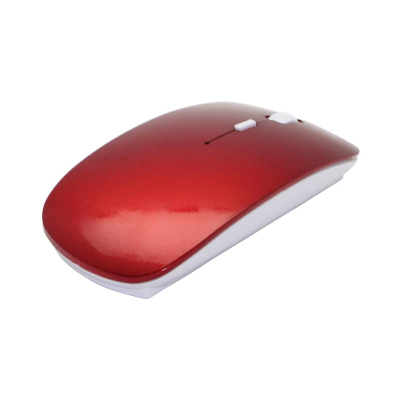 A red and white wireless mouse with a sleek design, featuring one button and a scroll wheel. Nano Slim Wireless Mouse - Image 1