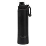 A drink bottle in matte black stainless steel, featuring a screw top and a carry handle. It includes branding on the body.