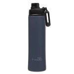 A drink bottle in navy blue with a black cap and a logo. Contains a carabiner for attachment.