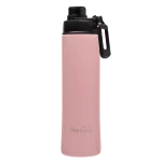 A drink bottle made of stainless steel, featuring a pink exterior and a black lid with a logo.