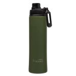 A drink bottle in olive green stainless steel with a black lid and a carry handle. Features a logo on the side.