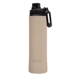 A drink bottle in matte beige with a black lid and a removable carrying handle; it features a logo.
