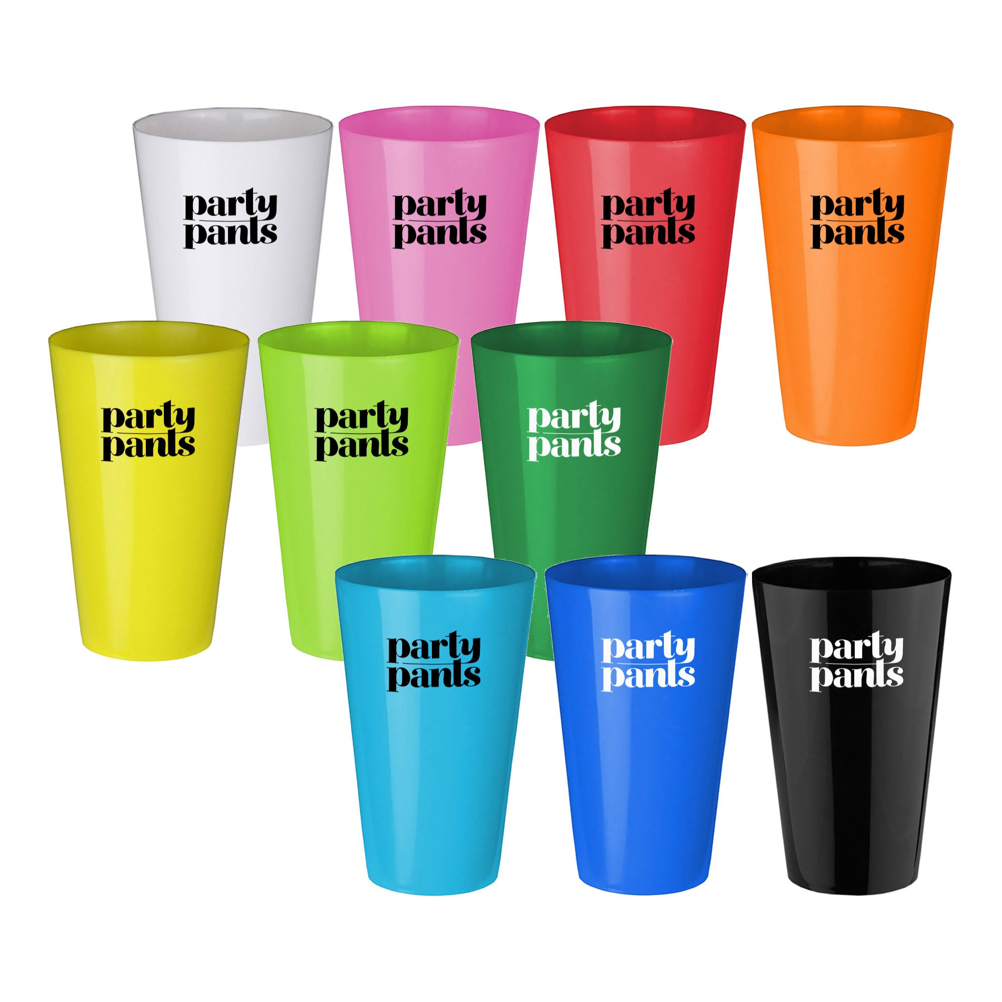 A collection of ten plastic cups in various colours including white, pink, red, orange, green, blue, and black, featuring a logo. Party Mug - Image 1