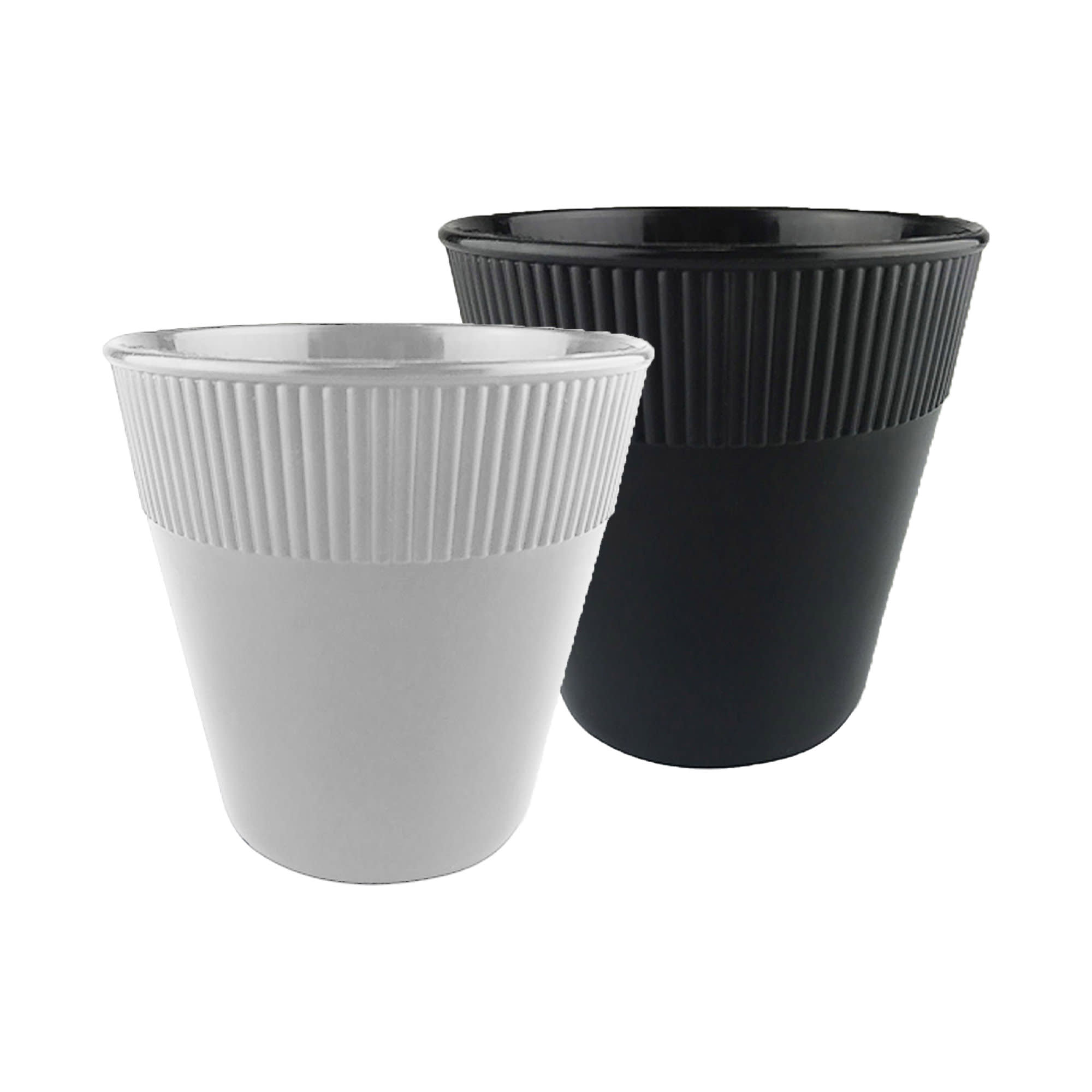 A set of two 8oz plastic cups in black and white, featuring a ribbed design and a logo on one cup. Plastic Cup 8oz - Image 1