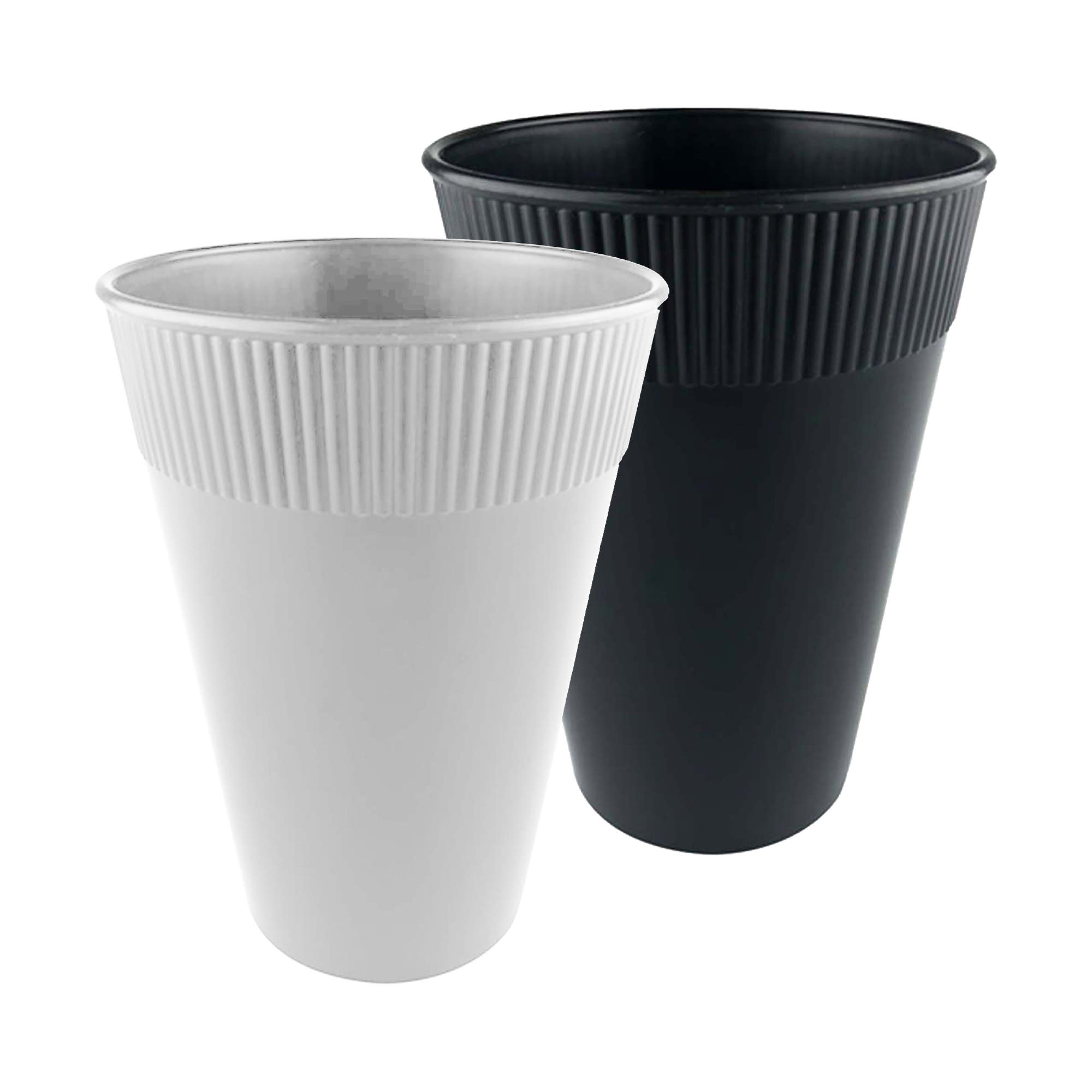 A set of two 12oz plastic cups in white and black, featuring a ribbed design and one cup has a logo. Plastic Cup 12oz - Image 1