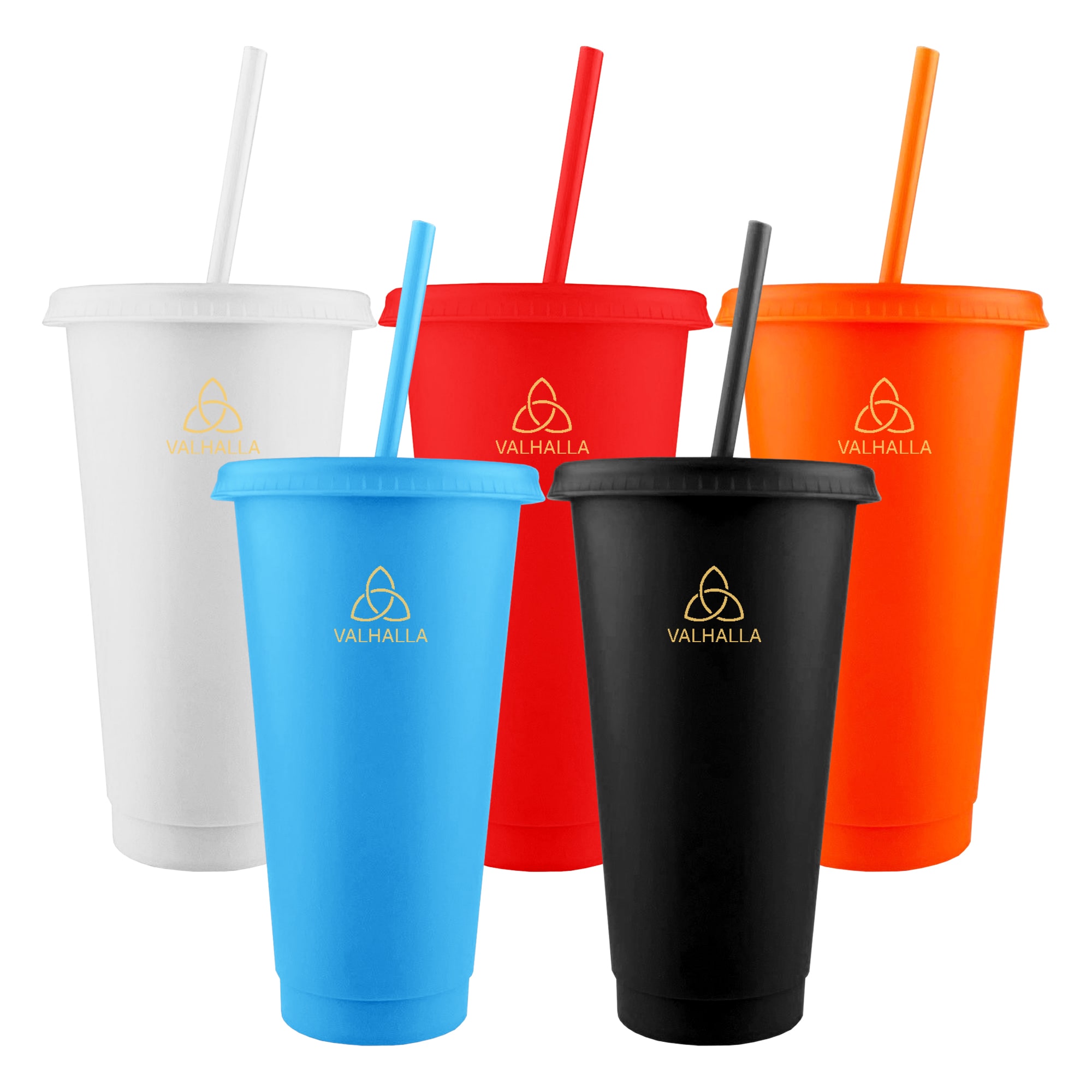 A collection of five plastic tumblers in white, red, blue, black, and orange, each featuring a straw and a logo. Solid Como Mug - Image 1