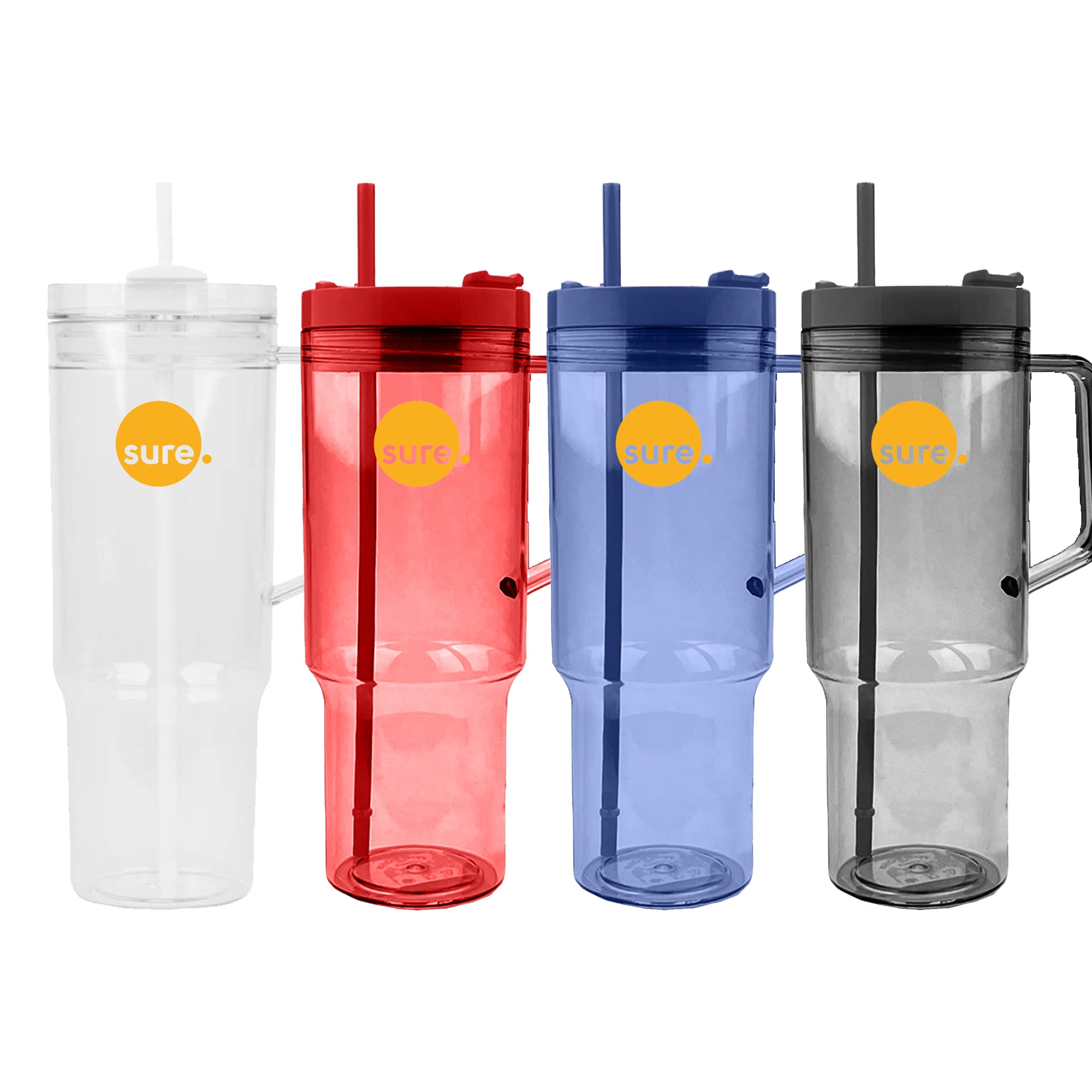 A drink bottle set featuring four travel mugs in clear, red, blue, and grey, with straws and handles. Each has a logo. Houston Travel Mug - Image 1