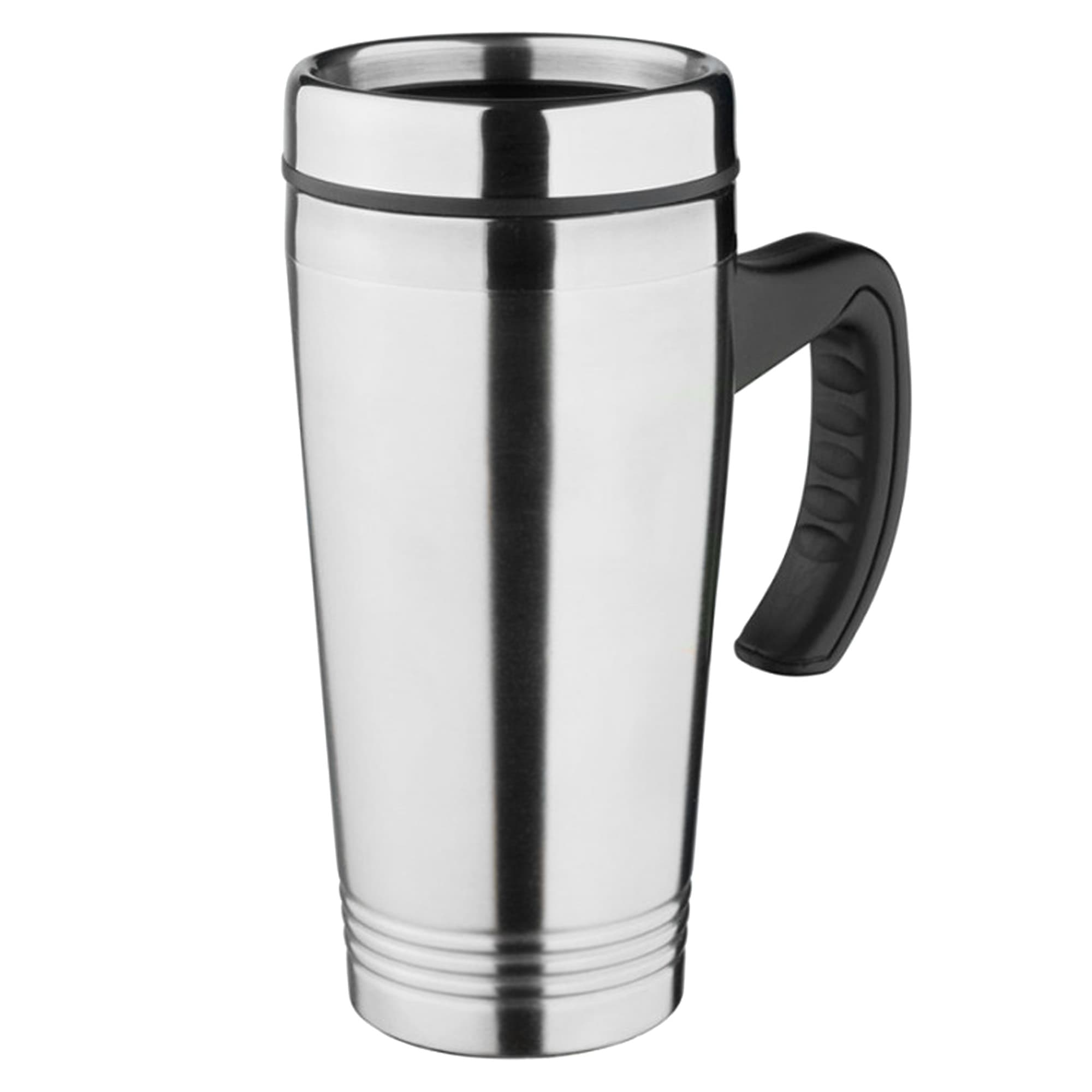 A travel mug with a shiny silver stainless steel body and a black handle, featuring a simple design. Adriatic Mug - Image 1