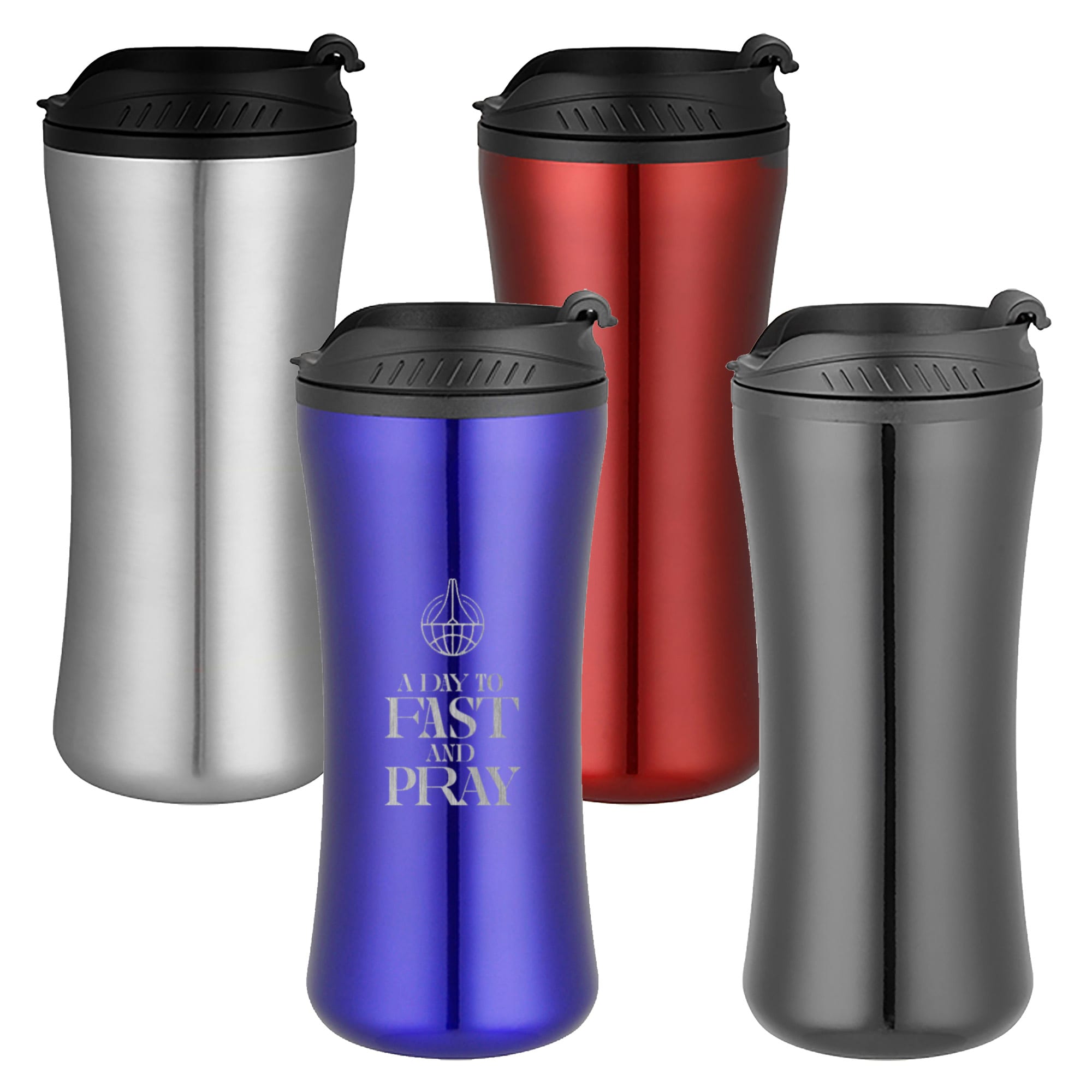 A set of four travel mugs in silver, red, blue, and black, each with a large, curved design and a lid. Belle Mug - Image 1