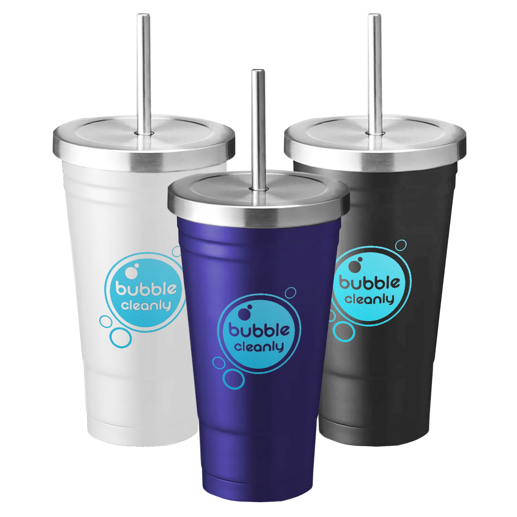 A drink bottle set featuring three tumblers in white, black, and purple, with stainless steel lids and straws. Each has a logo. Aqua Tumbler - Image 1