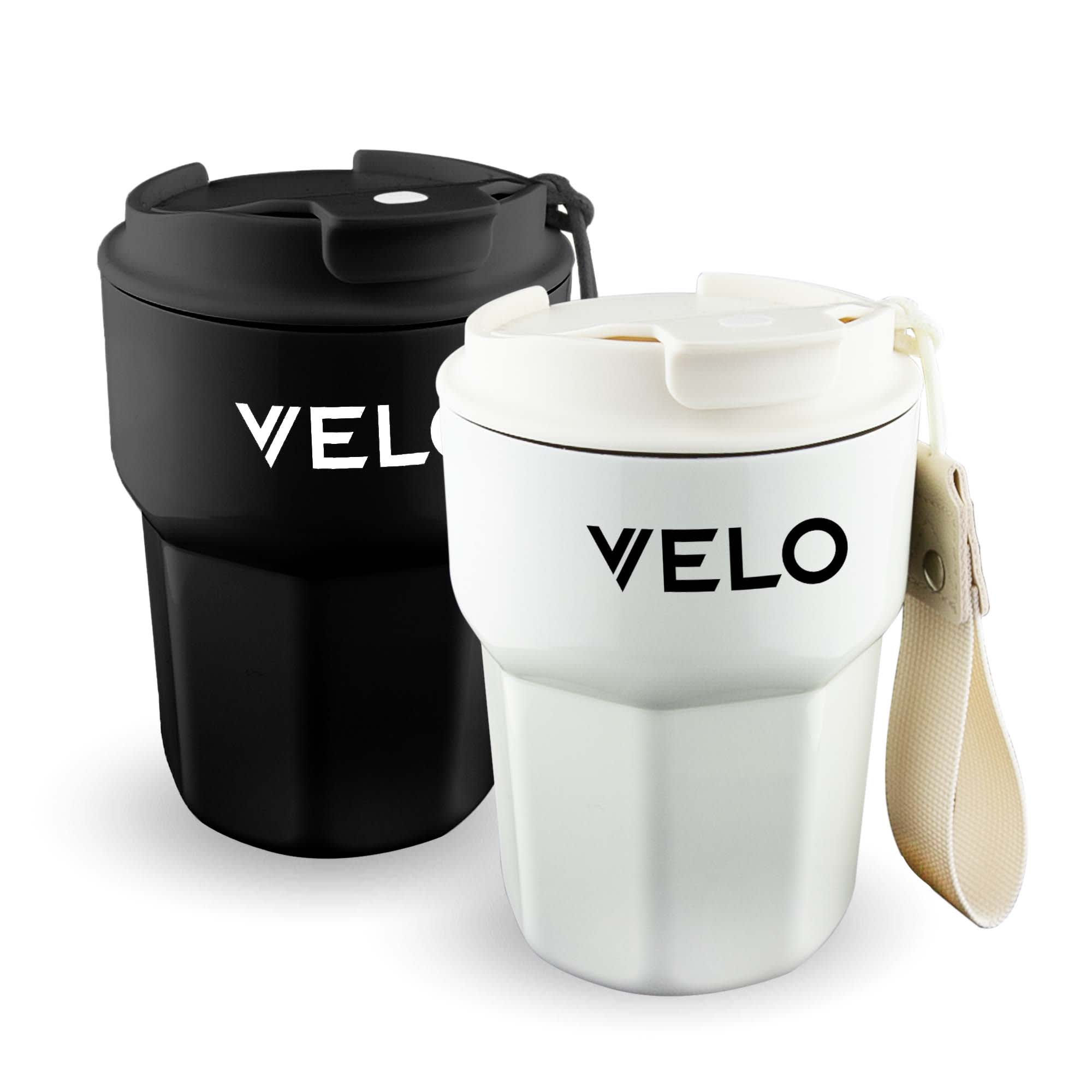 A double wall coffee cup set in black and white, featuring a lid and a strap, with a logo. Velo Double Wall Coffee Cup - Image 1