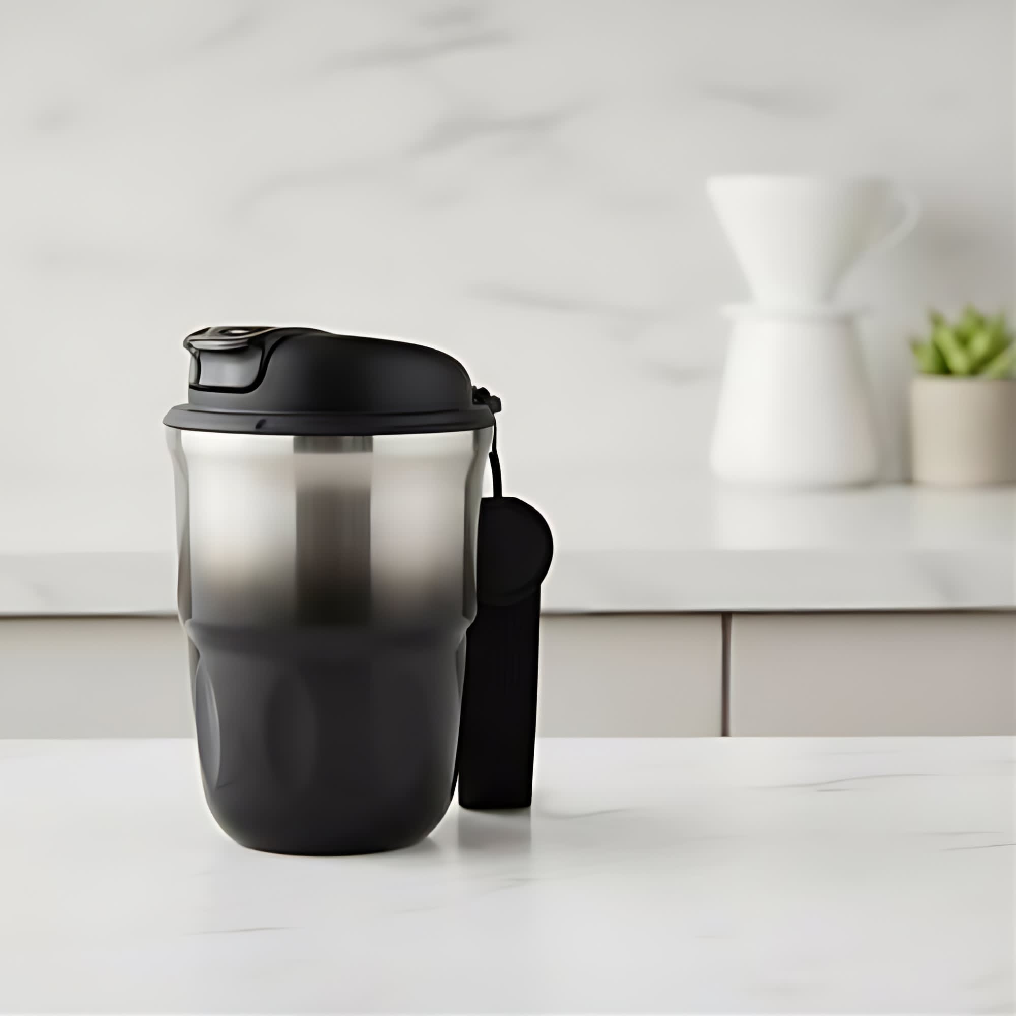 A double wall coffee mug in black and stainless steel, featuring a lid and a handle, set against a minimalist background. Crema Double Wall Coffee Mug - Image 1