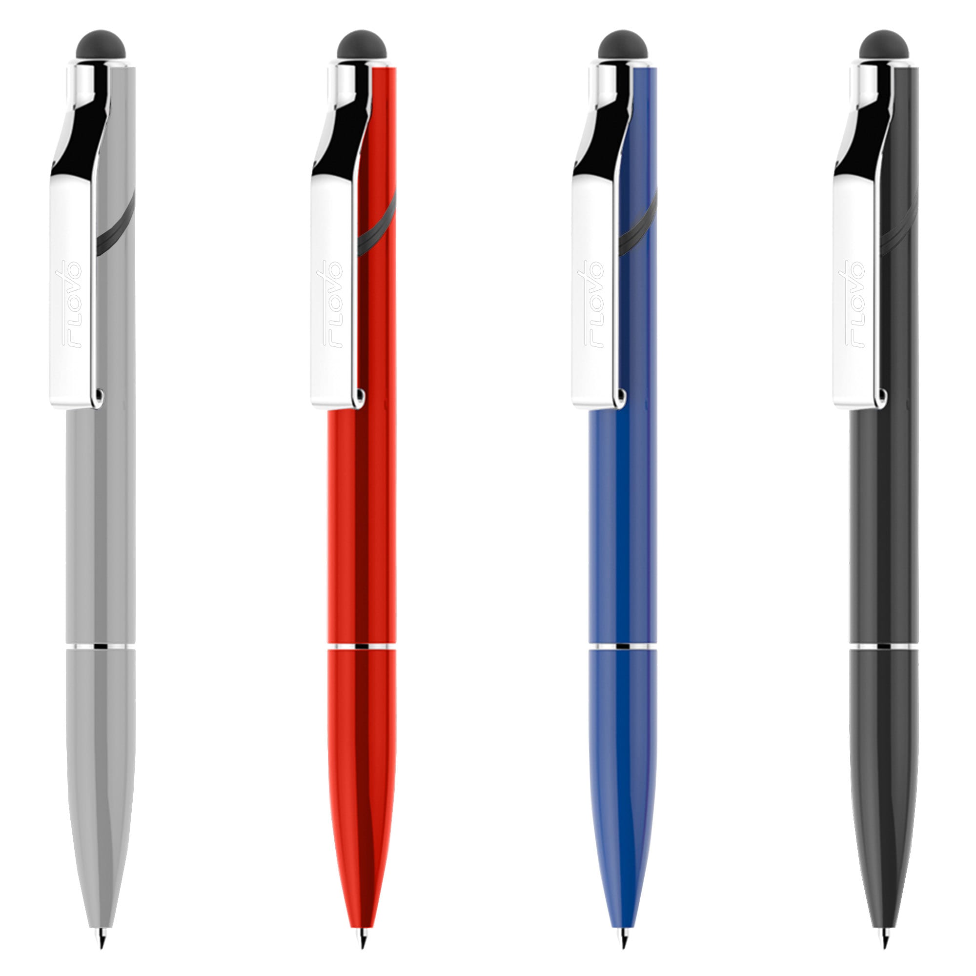 A collection of four stylus pens in silver, red, blue, and black, each featuring a clip and a soft tip. Stylus Metal I-Stand Twist - Image 1