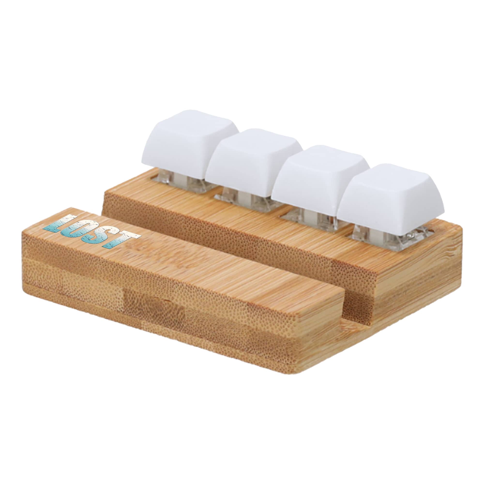 A bamboo stand featuring four white keyboard key stress relievers with a logo on the side. Bamboo Stand Keyboard Stress Reliever - Image 1