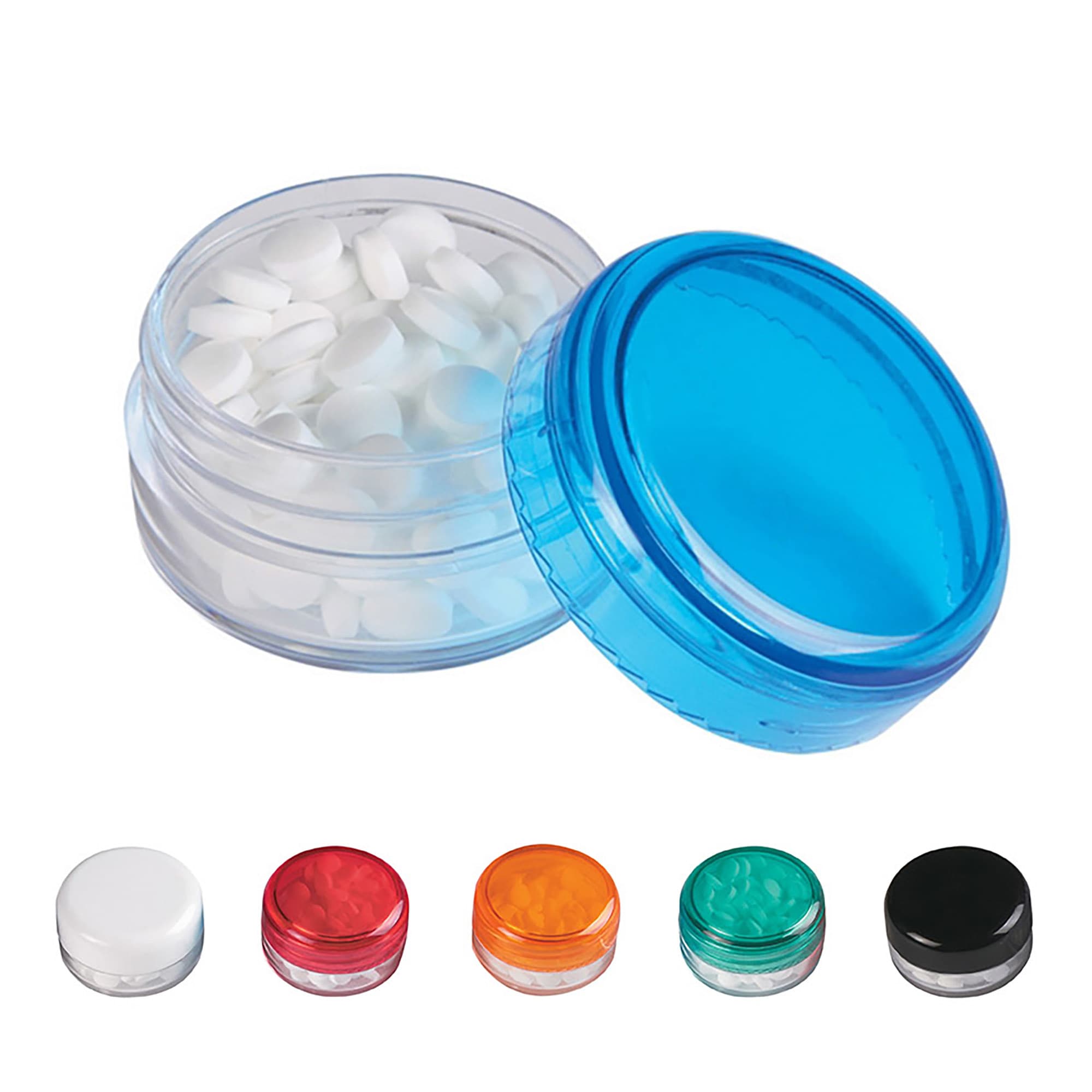 A screw lid mint jar in blue, filled with white sugar-free mints. Additional jars in red, orange, black, and green are below. Screw Lid Mint Jar - Image 1