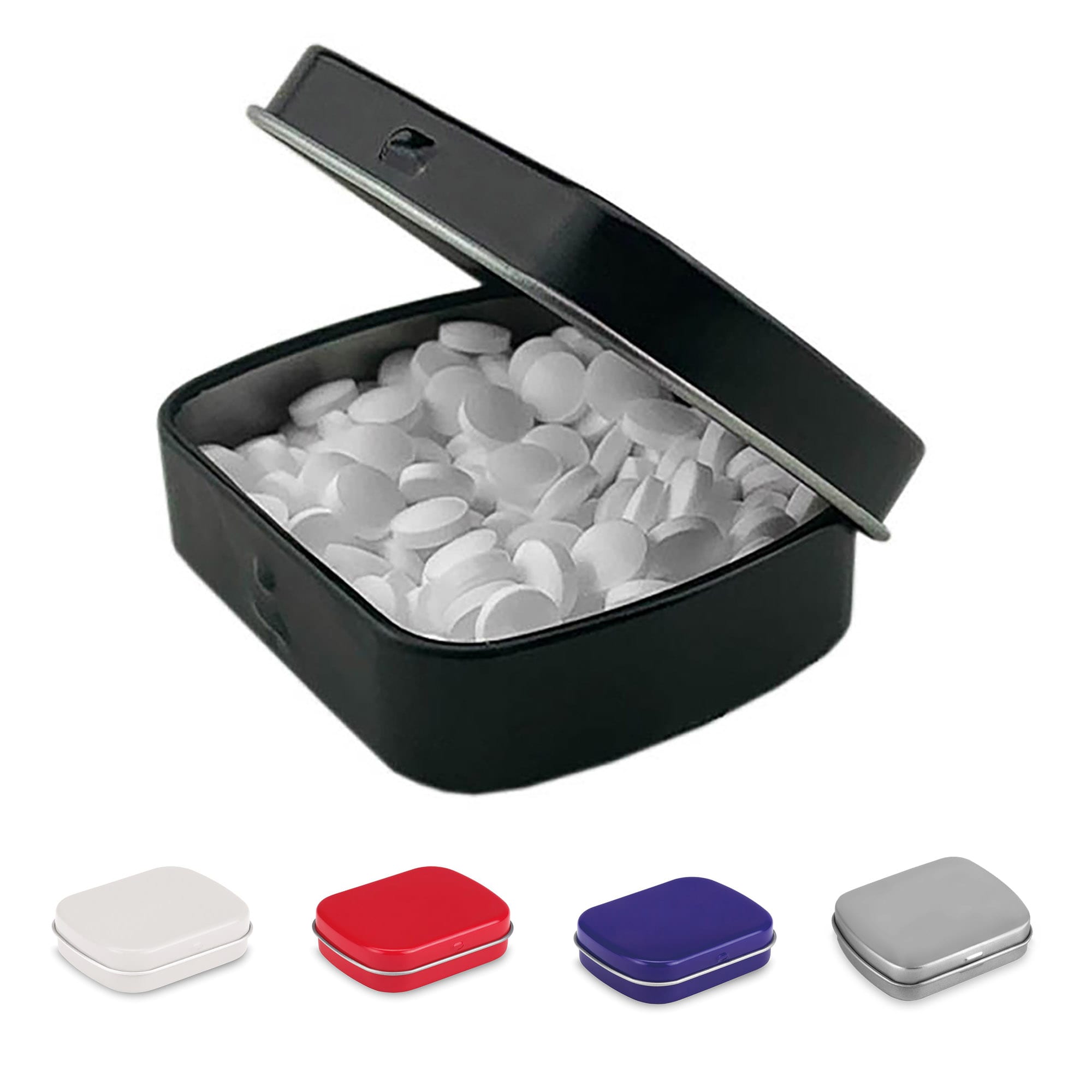 A rectangular black mint tin filled with white mints, alongside red, white, purple, and silver versions of the tin. Rectangular Mint Tin - Image 1