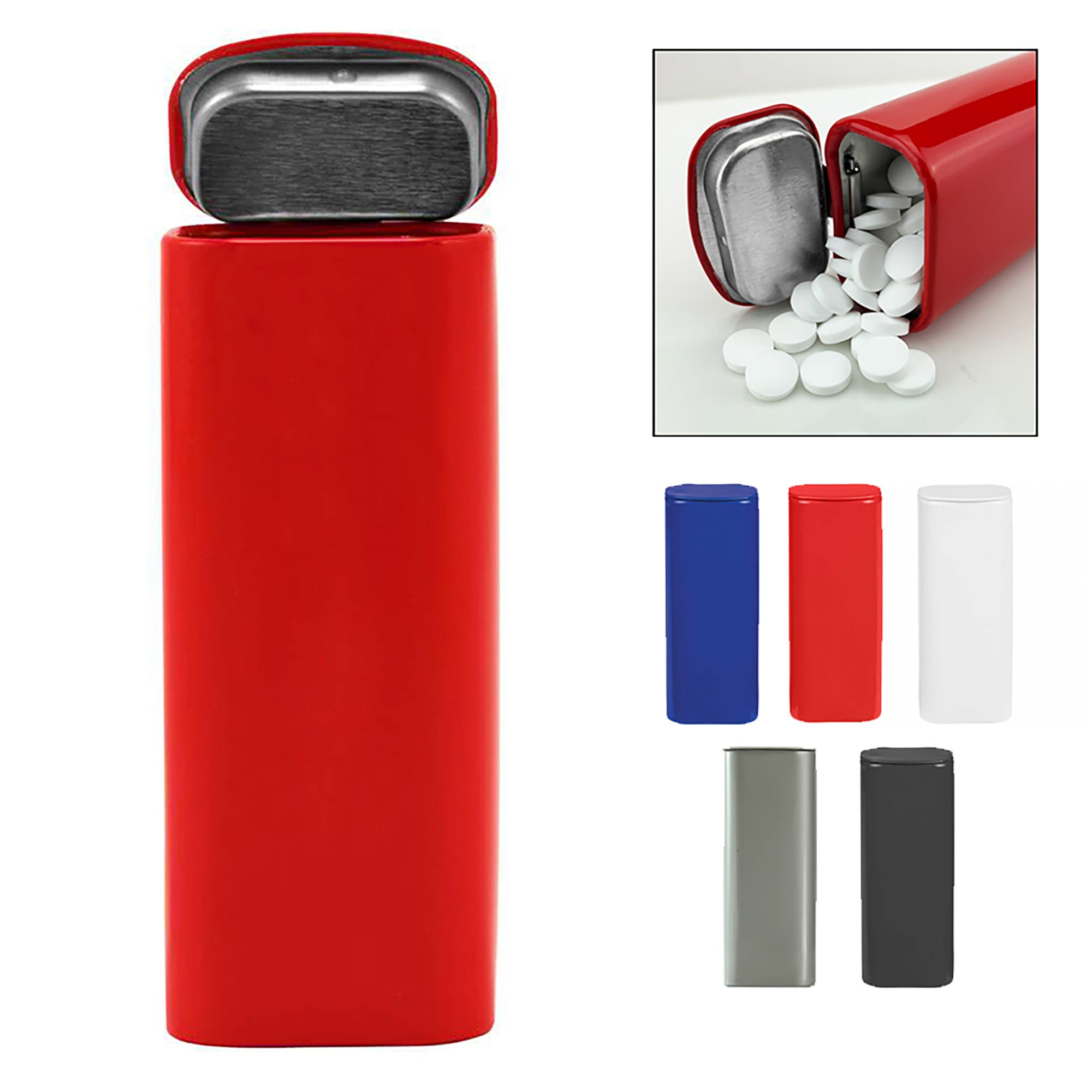 A red flip-top mint tin with a silver interior, filled with white mints. Additional colours shown: blue, white, grey, and black. Flip Top Mint Tin - Image 1