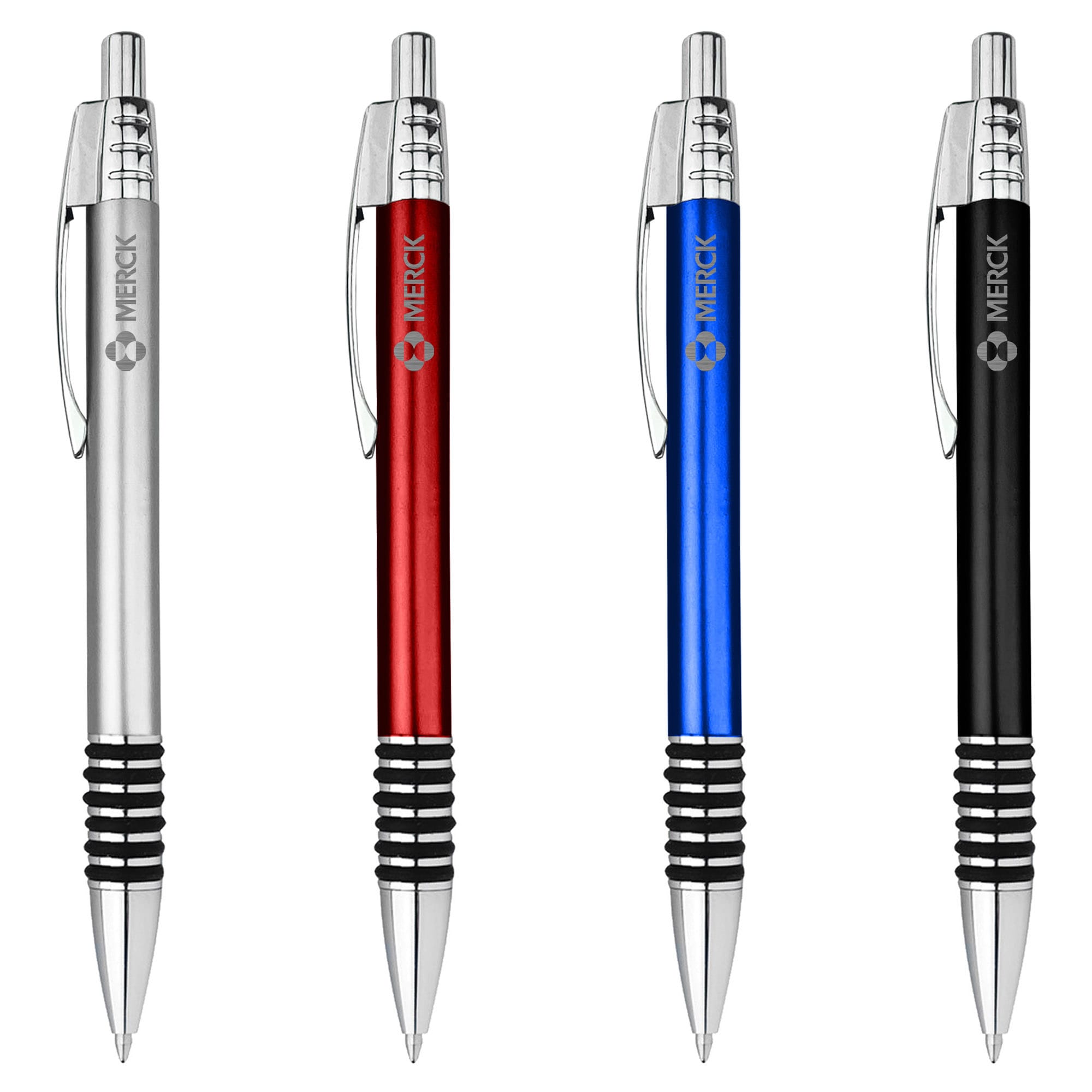 Four metal pens in silver, red, blue, and black, featuring a logo and a textured grip. Focus - Image 1
