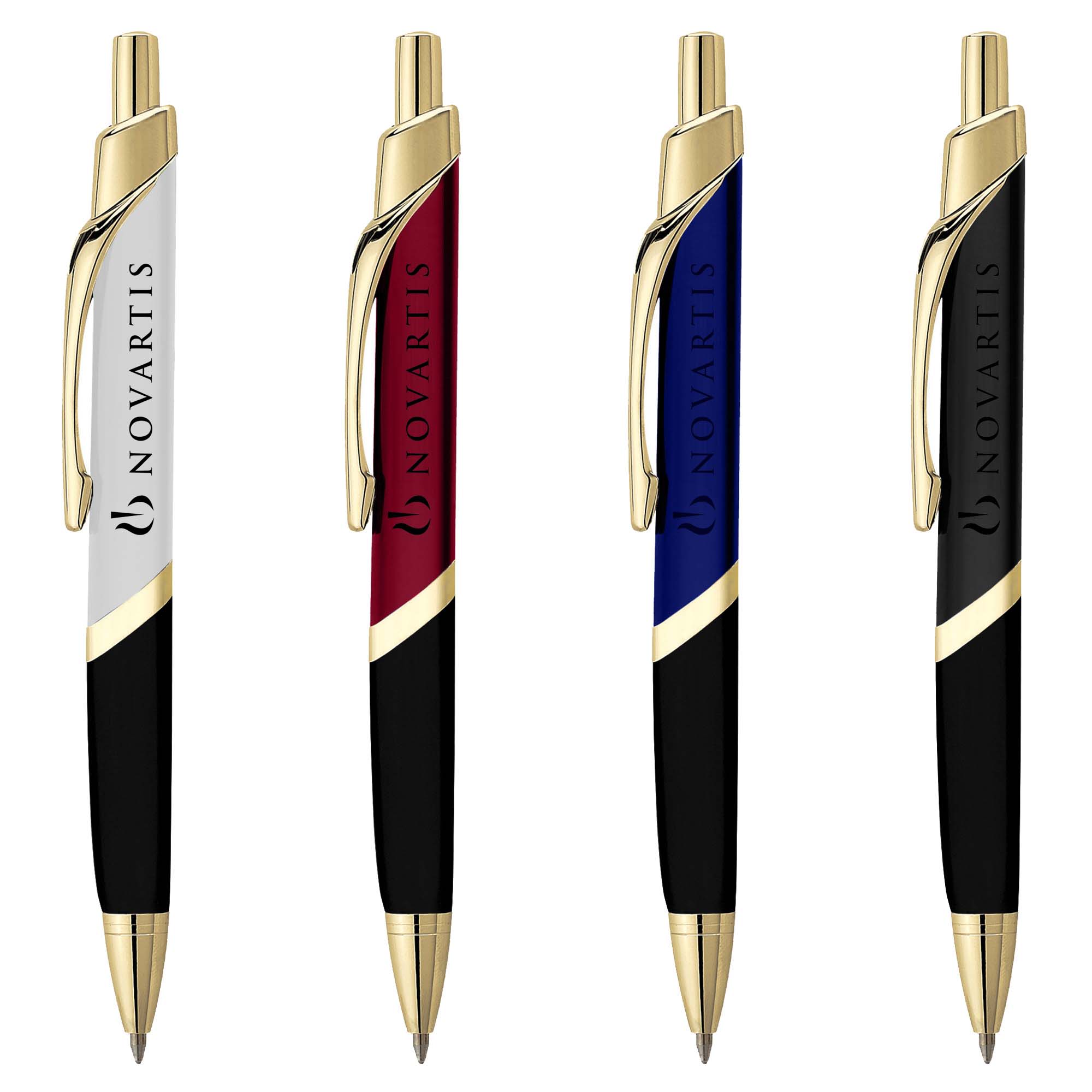 A set of four metal pens in white, red, blue, and black, featuring gold accents and a logo. Splice Gold - Image 1
