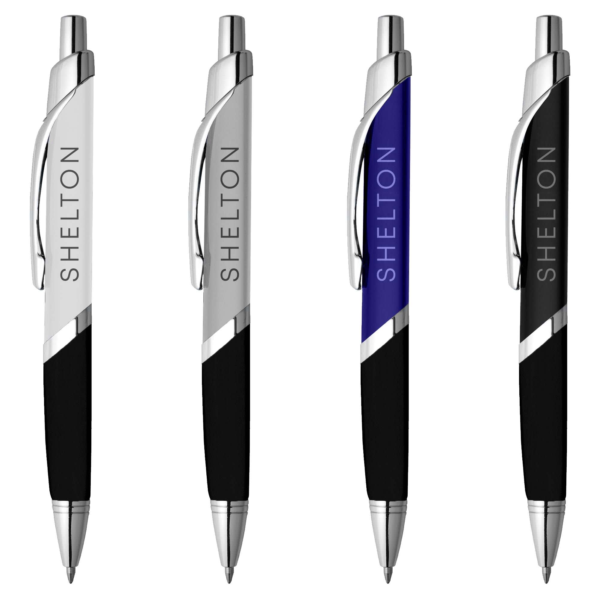 A set of four metal pens featuring silver, black, and blue designs, each with a branding logo. Splice Silver - Image 1