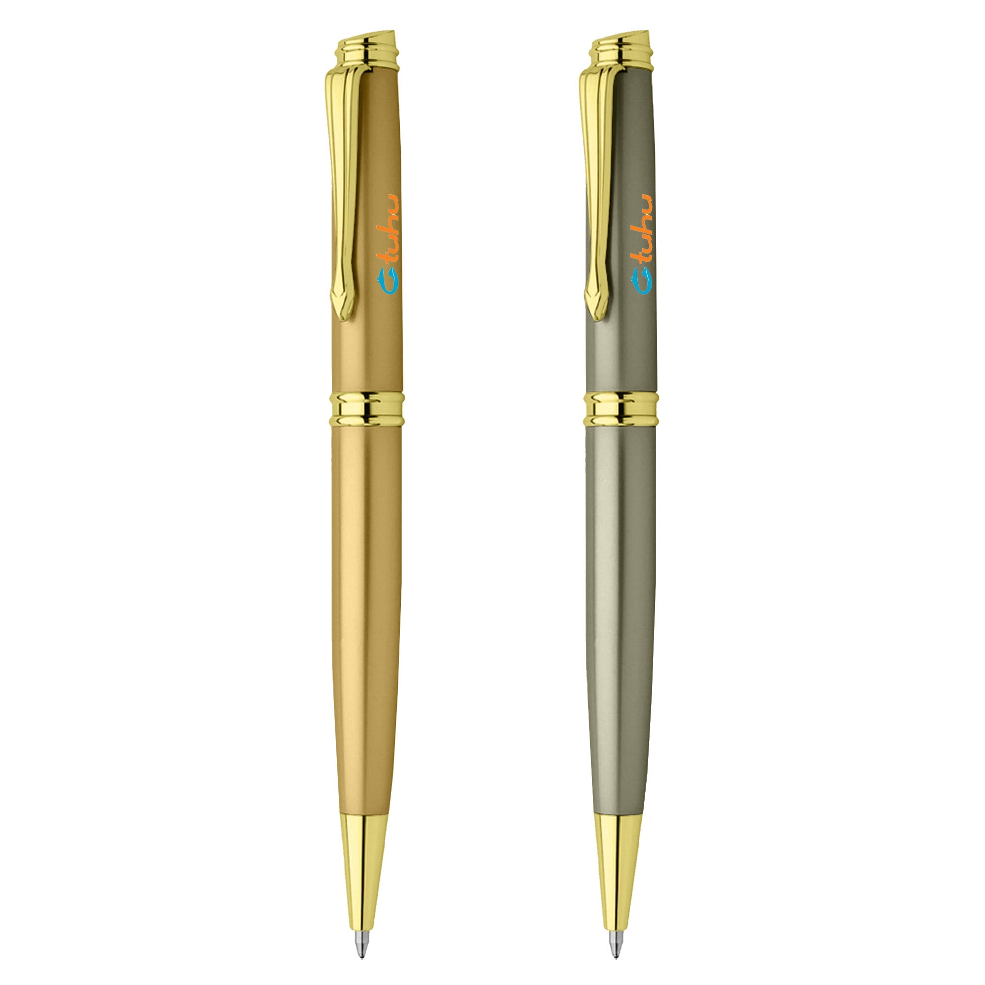 Two metal pens, one gold and the other olive green, featuring a branding logo on the side. Wisdom - Image 1