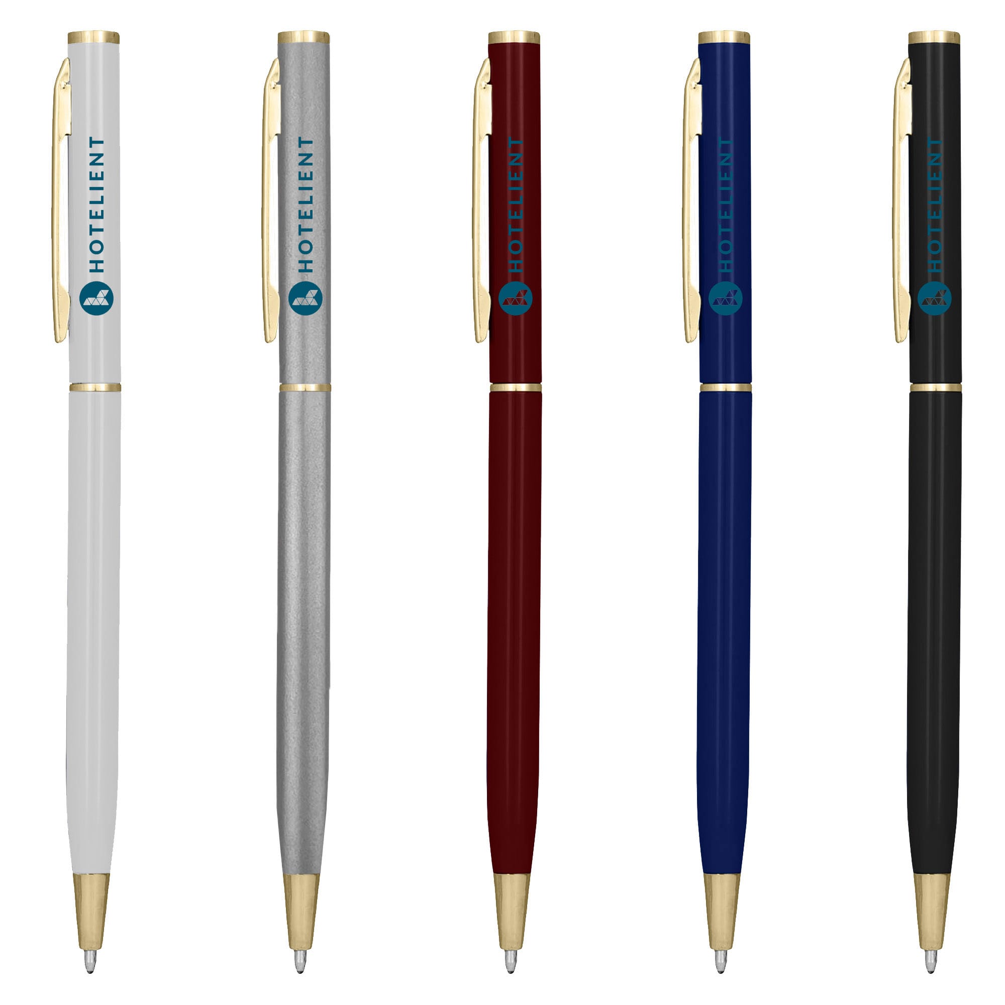 A selection of metal pens in white, silver, red, blue, and black, all featuring a logo. Berlino Metal Gold - Image 1